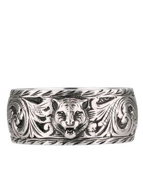 Gucci Silver-Tone Engraved Tiger Motif Men's Band